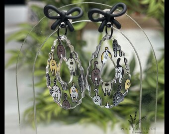 Cat Butt Acrylic Earrings | Black Bow Studs, Scalloped Teardrop Dangles