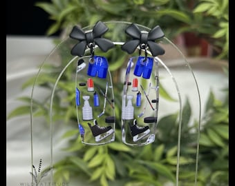 Hockey Print Acrylic Arch Earrings with Black Bow Studs