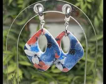 Handmade Patriotic Floral Polymer Clay Earrings with Silver Hoop Studs