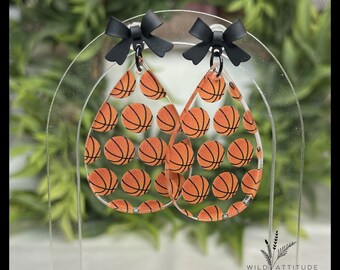 Basketball Print Acrylic Teardrop Earrings with Black Bow Studs | Sports Earrings