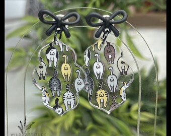 Funny Cat Butt Acrylic Earrings | Quatrefoil Dangles with Black Bows
