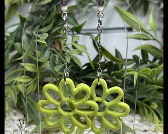 Retro Lime Green Flower Earrings | Lightweight Statement Dangles (Bar Chain Hoop)