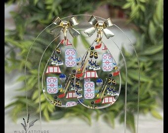 Hockey Print Acrylic Teardrop Earrings with Gold Bow Studs | Hockey Mom Jewelry