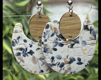 Crescent Faux Leather Earrings | Navy Woven & Neutral Floral Dangles | Wood Connector Earrings