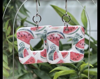 Watermelon Clay Earrings | Summer Fruit Square Dangles | Lightweight Handmade Earrings