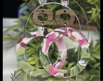 Marbled Resin Hoop Earrings | Pink & Green Statement Dangles | Wood Connector Stud Earrings