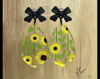 Sunflower Acrylic Earrings with Black Bow Studs | Floral Petal Summer Jewelry