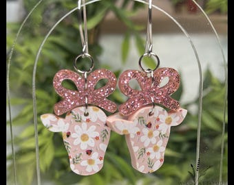 Pink Floral Cow Acrylic Earrings with Glitter Bow Charms | Western Farm Earrings
