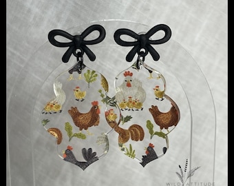 Chicken Print Acrylic Earrings with Black Bow Studs | Farm Animal Scallop Earrings
