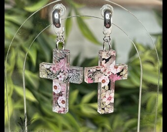 Floral Cross Acrylic Earrings with Silver Hoop Studs | Faith Inspired Earrings