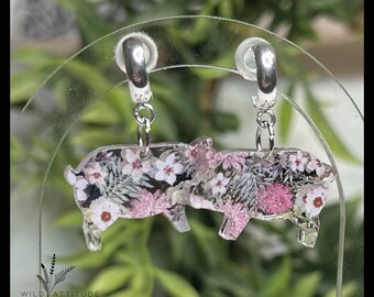 Pink Floral Pig Acrylic Earrings with Silver Hoop Studs | Farm Animal Jewelry