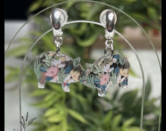 Floral Pig Acrylic Earrings with Hoop Studs | Pink Blue Green Farm Animal Earrings