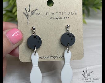 Bowling Pin Acrylic Earrings | Bowling Ball Silver Studs, Sporty Statement Jewelry