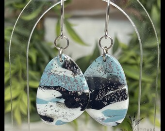 Marbled Polymer Clay Earrings | Blue Black & White Teardrop Dangles | Long Hook Earrings