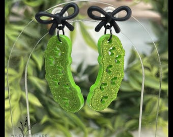 Glitter Pickle Acrylic Earrings | Funny Black Bow Dangles | Lightweight Foodie Earrings