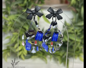 Hockey Print Acrylic Scalloped Teardrop Earrings with Black Bow Studs