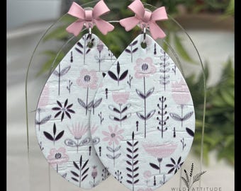 Floral Cork Teardrop Earrings with Pink Bow Studs | Cottagecore Spring Earrings