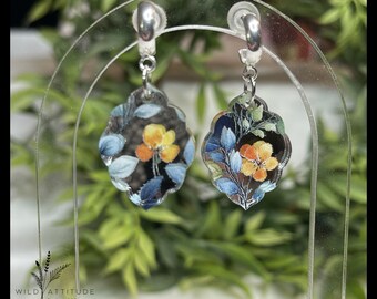 Floral Acrylic Earrings with Silver Hoop Studs | Vintage Style Dangle Earrings