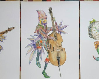 Trio of Parrot Feathabees 'The Band' Prints 11x14, Limited Edition