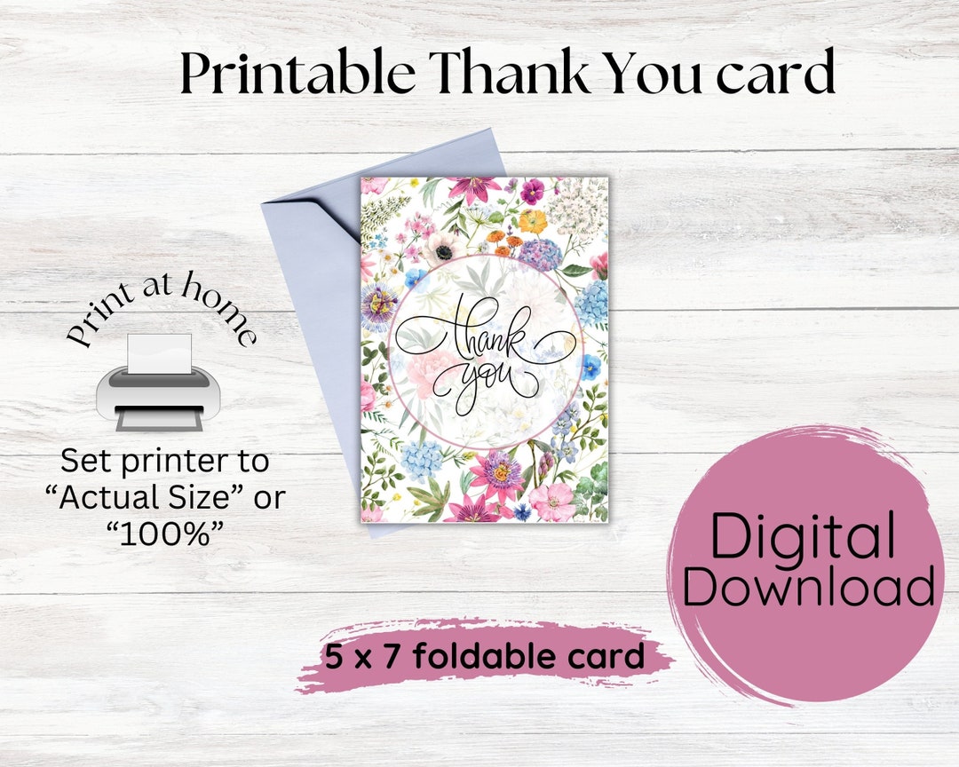 Printable Thank You Card, Floral Thank You Card, Digital Thank You Card ...