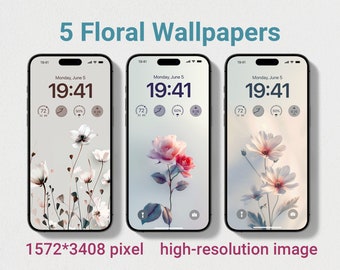 iPhone Hintergrundbild, 3D Blumen iPhone Hintergrundbild, Minimalistische Smartphone Tapeten Set, iPhone ästhetischer Hintergrund, Boho Tapete, 5 Stk
