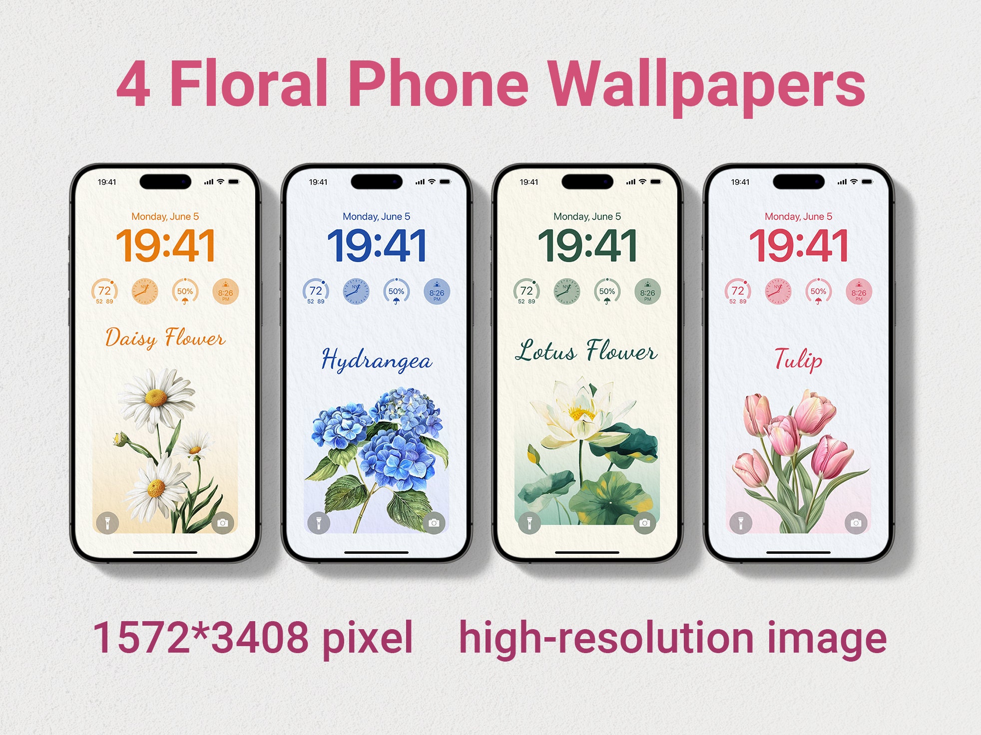 Floral Telefon Wallpaper, Aquarell Wallpaper iPhone, Minimalist Smartphone Wallpaper Set, iPhone Ästhetischer Hintergrund