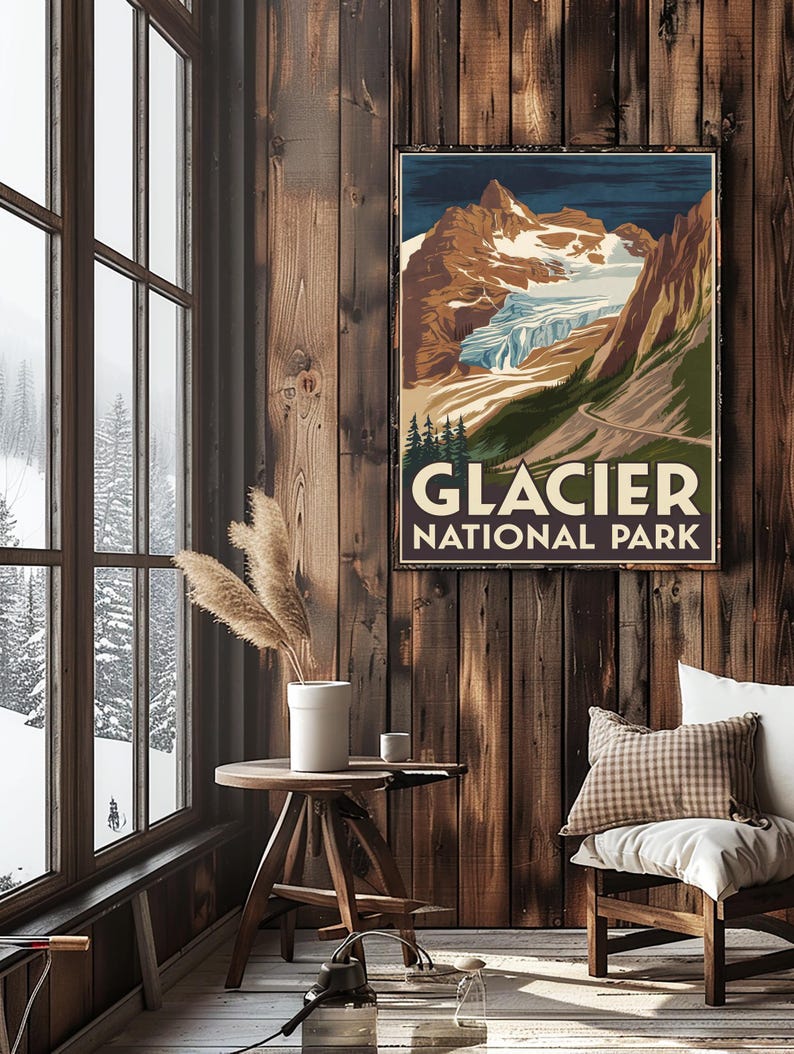 Vintage Glacier National Park Framed Vertical Poster, Wall Art Print ...