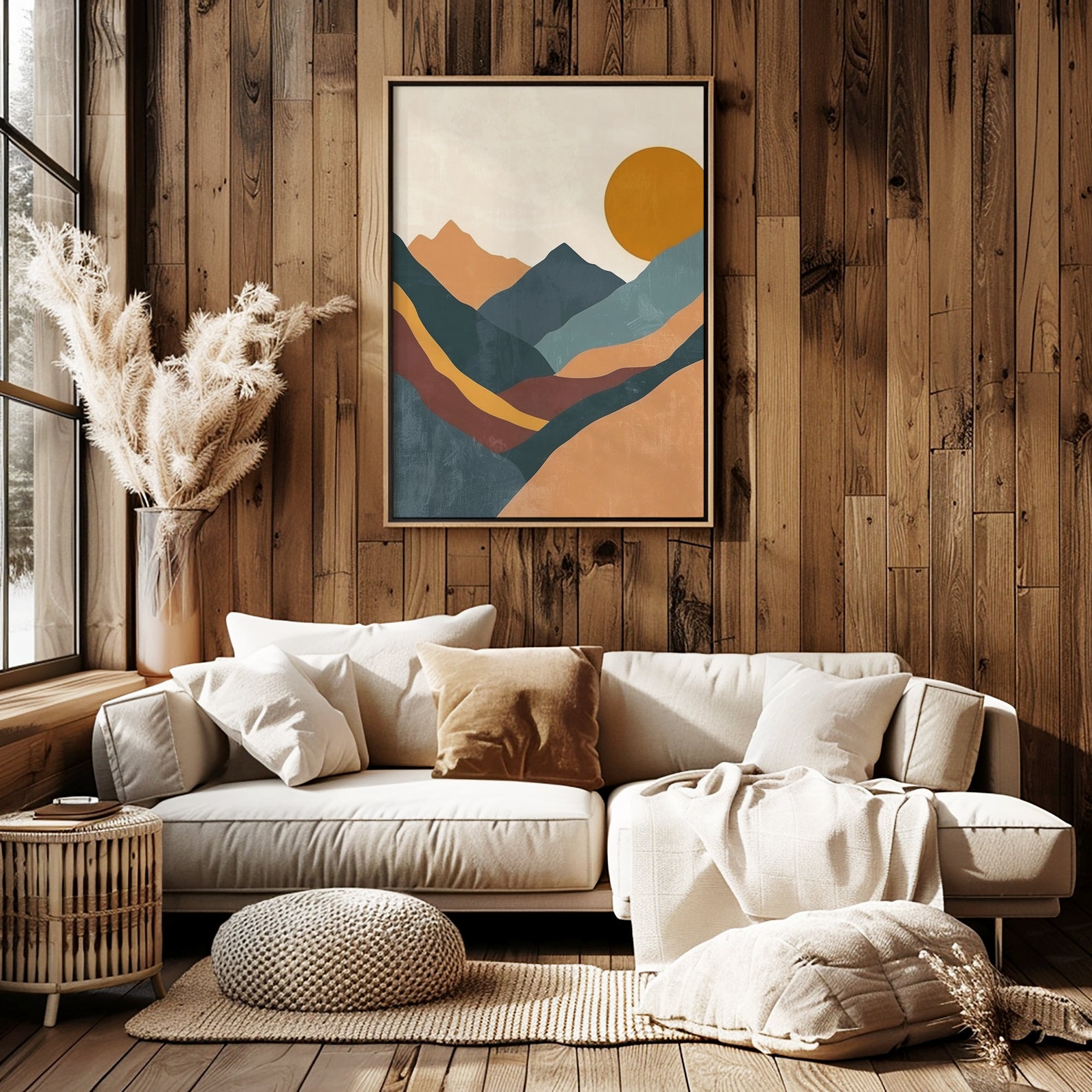 Modern Abstract Mountain Landscape Wall Art | Minimalist Sun and ...