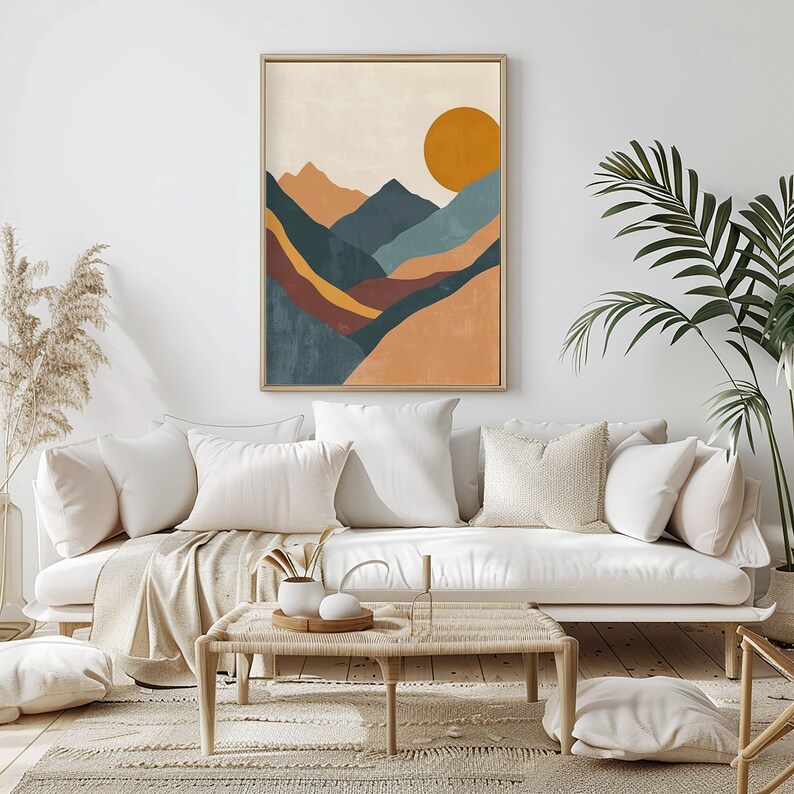 Modern Abstract Mountain Landscape Wall Art | Minimalist Sun and ...