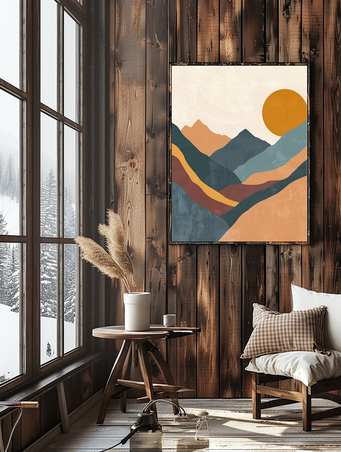 Modern Abstract Mountain Landscape Wall Art | Minimalist Sun and ...