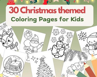 May include: A collection of 30 Christmas-themed coloring pages for kids, featuring festive illustrations of reindeer, Santa Claus, snowmen, and Christmas trees. The pages are accompanied by colored pencils and decorative lights.