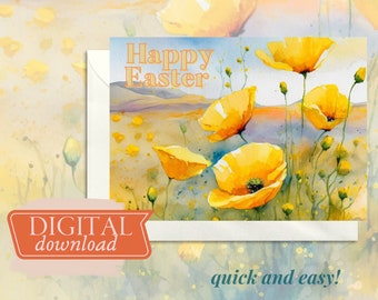 Digital Download California Poppy Easter Card | Printable PDF | Print, Cut, and Fold Your Own Easter Cards at Home | 5x7 Happy Easter Cards