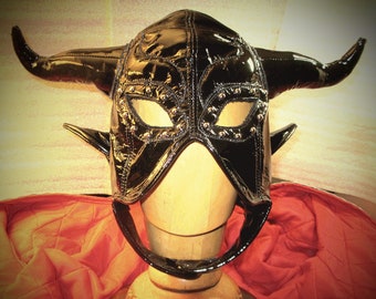 Black Patent Leather Devil Hood Mask with Horns/ Studs/ Pointy Ears, Unisex Costume Fetish Headgear