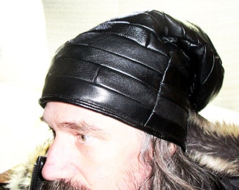 Slouchy Beanie/ Dreads Hat in Black Patchwork Leather, Floppy Adjustable Leather Floppy Cap