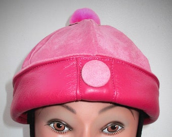 Leather/ Suede Women's Beanie in Pink w/ Fuzzy Pom, Retro Cloche Style Cute Hat