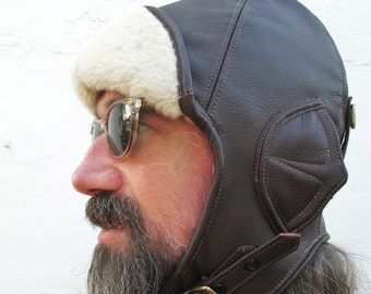 Aviator/ Motoring Hat 1920s Style in Classic Brown Leather w/ Shearling Sheepskin Trim, Unisex Ear Flap Cap