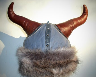 Leather Vikings Helmet w/ Winter Furry Brim/ Nickel Studs, Leather Norse Cosplay Hat w/ Soft Horns