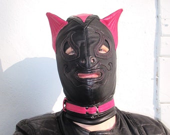 Leather Kitty Cat Full Hood, Womens/ Mens for Halloween Costume, Kink, BDSM Fetish or Cosplay, Pink Cat Ear Mask w/ Collar, PRICE REDUCED!