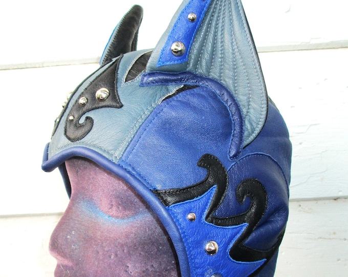Studded Leather Catear Aviator Hat in Blue/ Black/ Blue Gray/ Navy