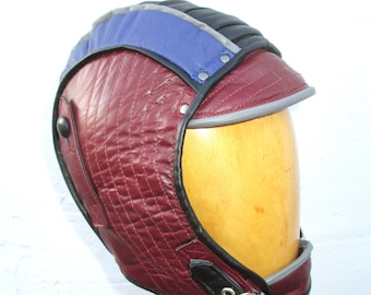 Futuristic Aviator Helmet Soft Leather Black/ Blue/ Burgundy w/ Cupped Chinstrap and Full Leather Lining