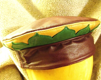 Burgundy/ Oxblood Leather Kufi Hat w/ Contrasting Lotus Petals Rim, Unisex Leather Crown
