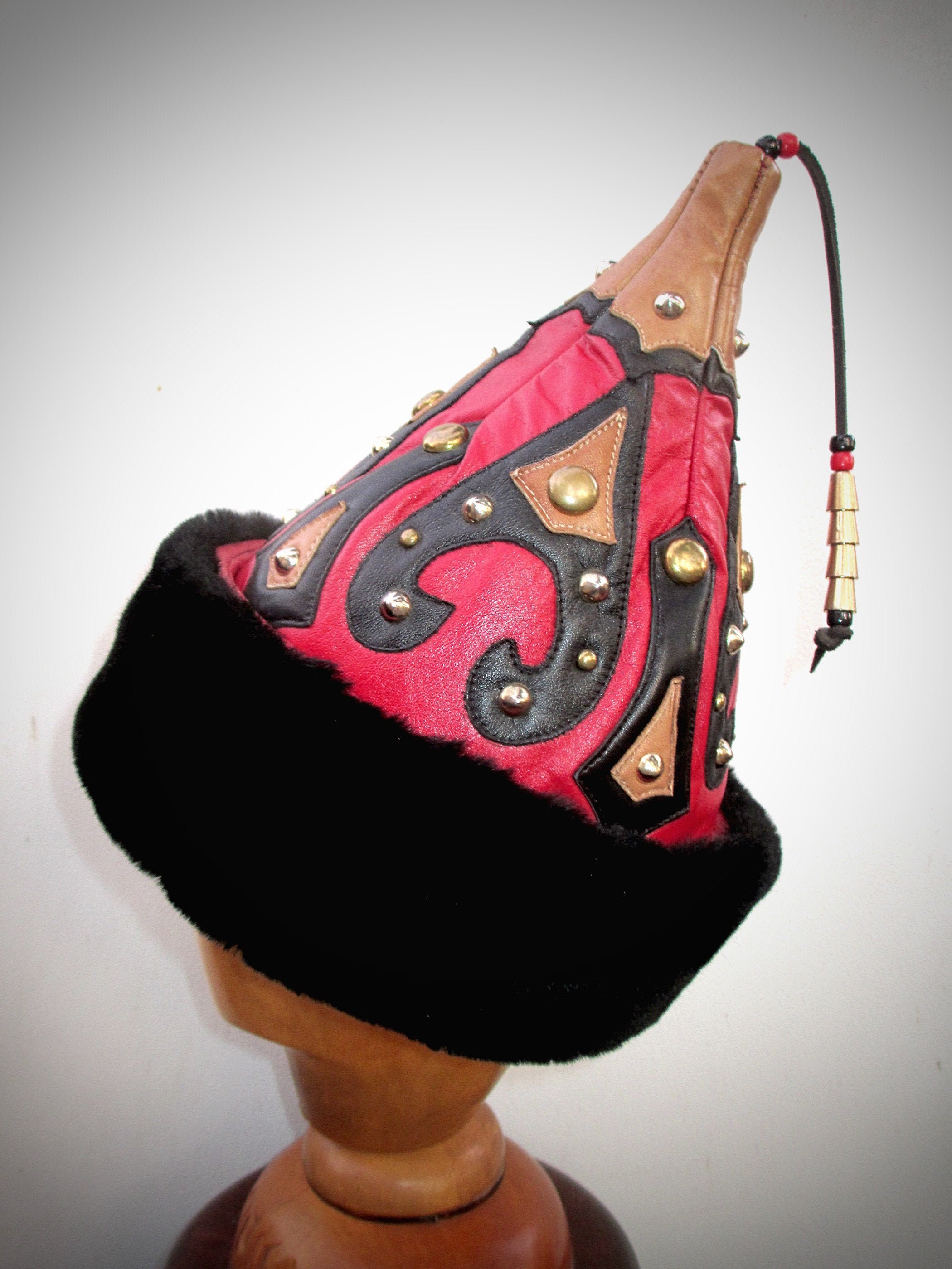 Red Leather Mongol Pointy Hat Studded W 