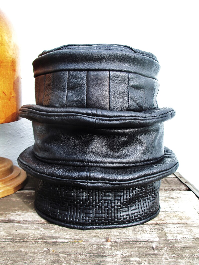 Afrocentric Mens Leather Hat Unisex Soft Leather Crown Leather Kufi Hat in Black Patchwork