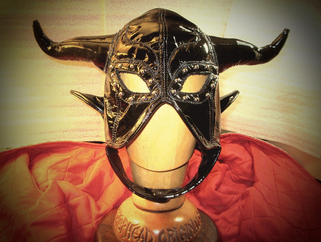 Black Patent Leather Devil Hood Mask With Horns/ Studs/ Pointy Ears ...