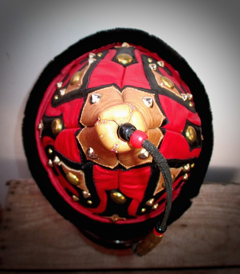 PRICE REDUCED! Mongol Red Leather Pointy Hat Studded w/ Black Furry Brim, Ertugrul Kayi Pointed Hat image 4