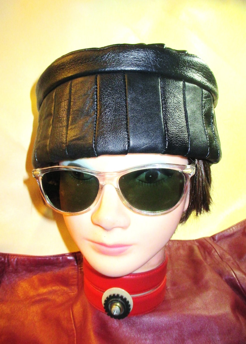 Afrocentric Mens Leather Hat Unisex Soft Leather Crown Leather Kufi Hat in Black Patchwork