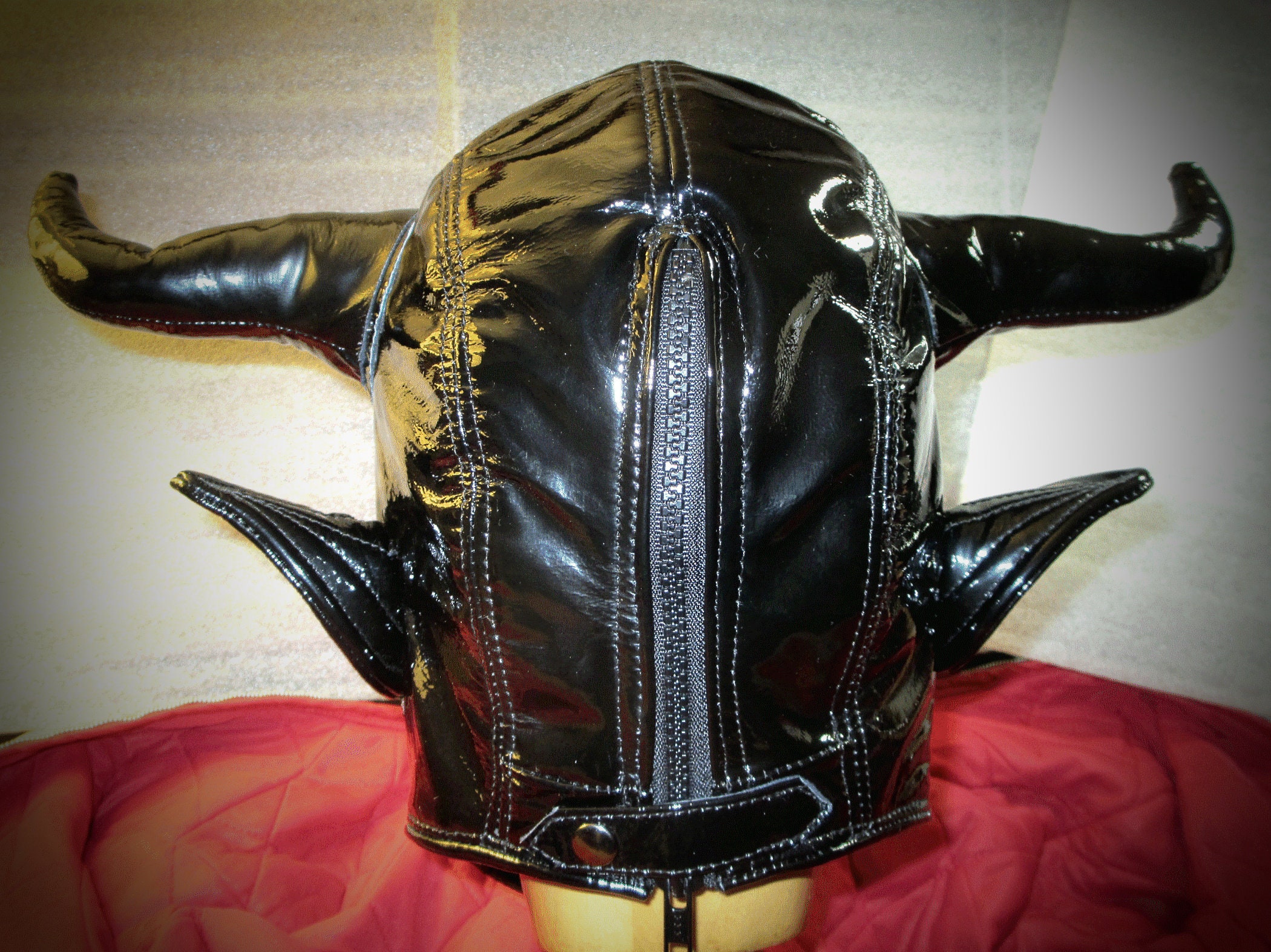 Black Patent Leather Devil Hood Mask With Horns/ Studs/ Pointy Ears ...