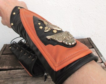 Black/ Saffron Yellow Steampunk Leather Bracers/ Vambraces Unisex for SCA/ Pirate/ Everyday Wear, PRICE REDUCED!