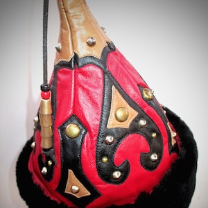 PRICE REDUCED! Mongol Red Leather Pointy Hat Studded w/ Black Furry Brim, Ertugrul Kayi Pointed Hat image 2