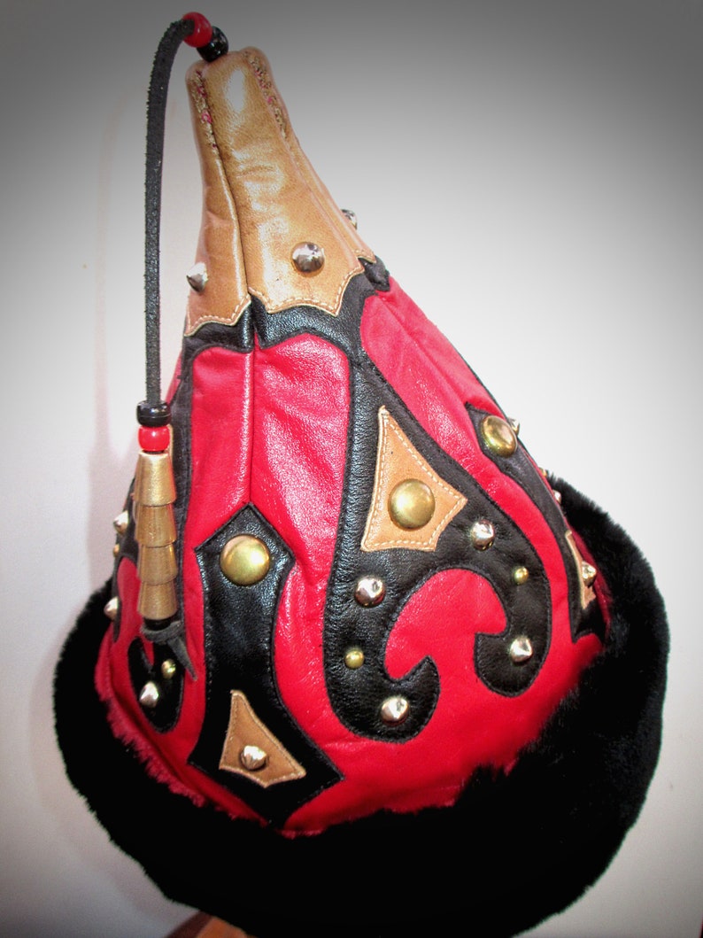 PRICE REDUCED! Mongol Red Leather Pointy Hat Studded w/ Black Furry Brim, Ertugrul Kayi Pointed Hat image 2